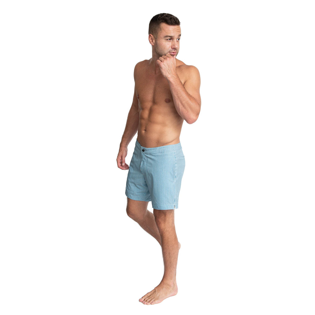2023 Boto Men's 6.5 Navy Blue Tropical Fish Swim Trunks Shorts, Blue / Small